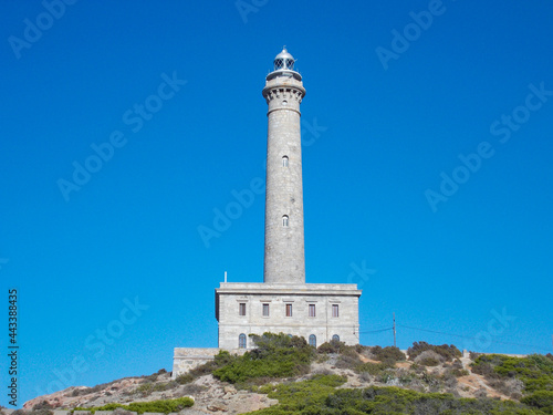 CABO DE PALOS, SPAIN - SEPTEMBER 23, 2020. Faro Cabo de Palos - Old Lighthouse in La Manga. Murcia, in Spain. Europe. Horizontal photography.