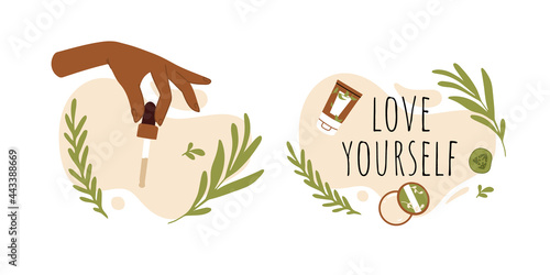 Skin care routine. Woman dark skin, natural cosmetic products. Korean cosmetics. Hands, face care supplies. Beauty procedures vector cartoon. Vegan, cruelty free, Natural organic eco herbal products