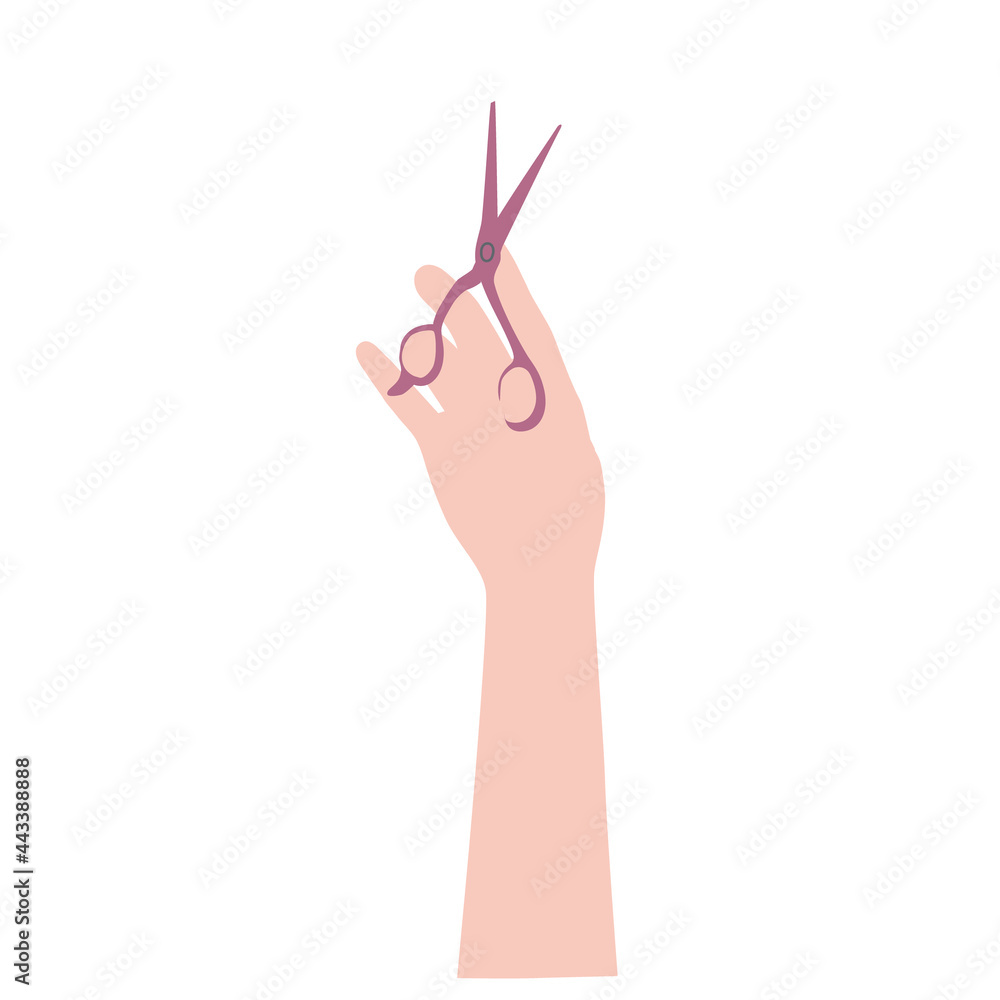 Scissors in the hand of a hair stylist. The hairdresser holds the tool. A color image on a white background. Scissors in the hand of a hair stylist. The hairdresser holds the tool. A color image on a white background.