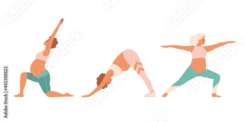 Pregnant women in sportswear doing stretching physical exercises set. Diverse women with belly practicing prenatal yoga exercise class. Pose, asana collection, stretching different poses, working out