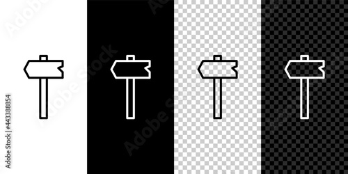 Set line Road traffic sign. Signpost icon isolated on black and white background. Pointer symbol. Isolated street information sign. Direction sign. Vector