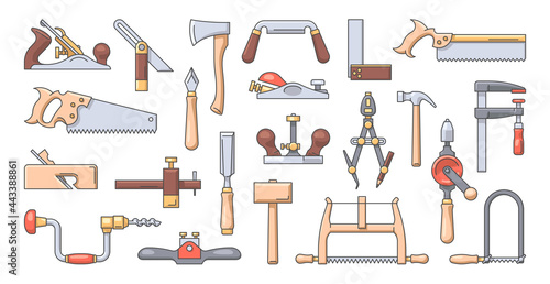 Woodworking tools outline colorful icon set. Vector illustration. Collection