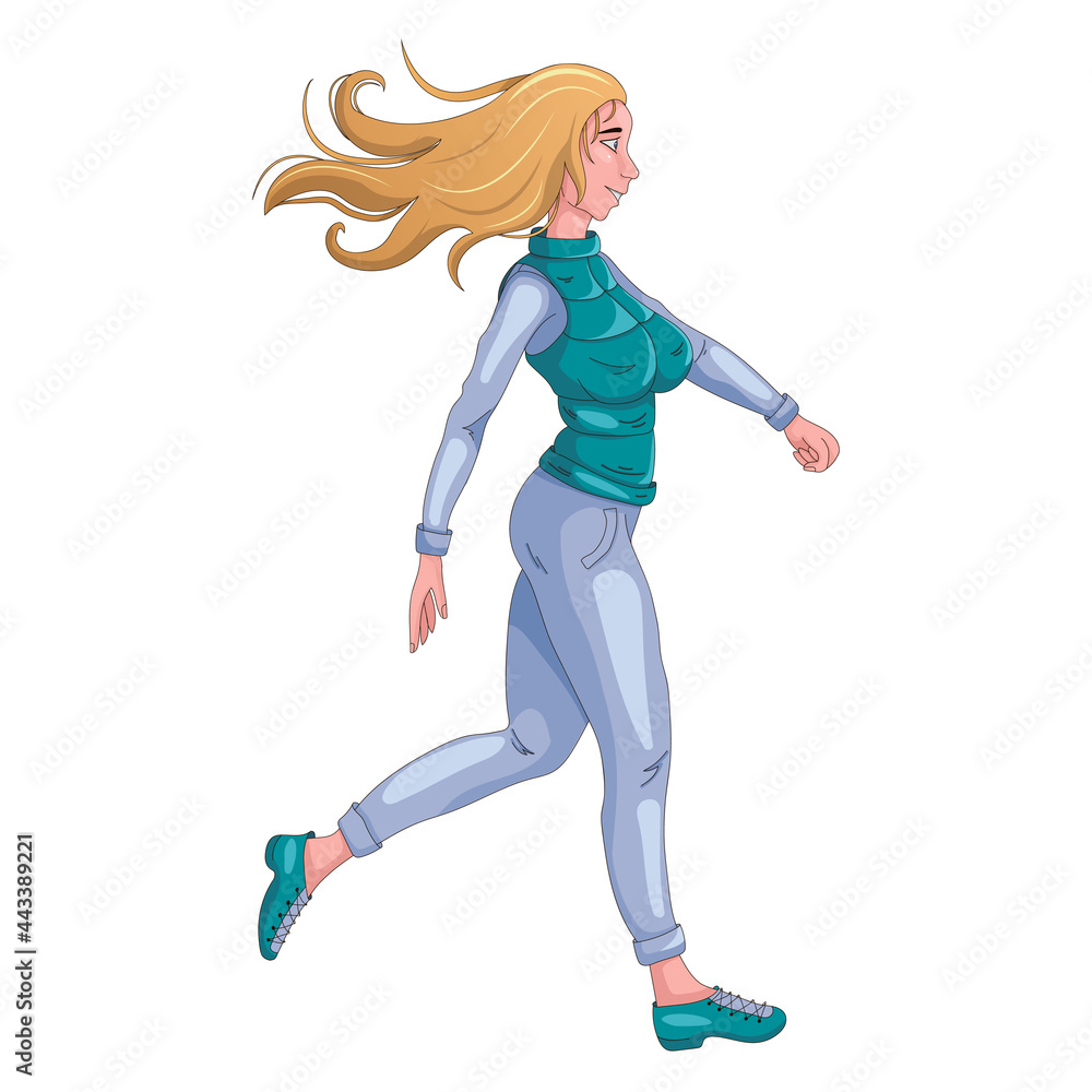 A young girl goes in for sports. The woman is running. Cartoon style. A young girl goes in for sports. The woman is running. Cartoon style.