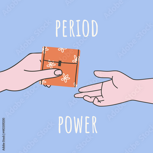 A woman's hand holds a pad and give it to another woman. Women's support and help for a sister. Menstruation, cycle, feminine hygiene, critical days. Feminism and sisterhood concept. Free periods