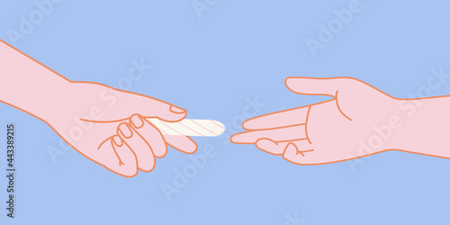 Female hand holds tampon and give it to another woman. Women's support and help for a sister. Menstruation, cycle, feminine hygiene, critical days. Feminism and sisterhood concept. Free periods