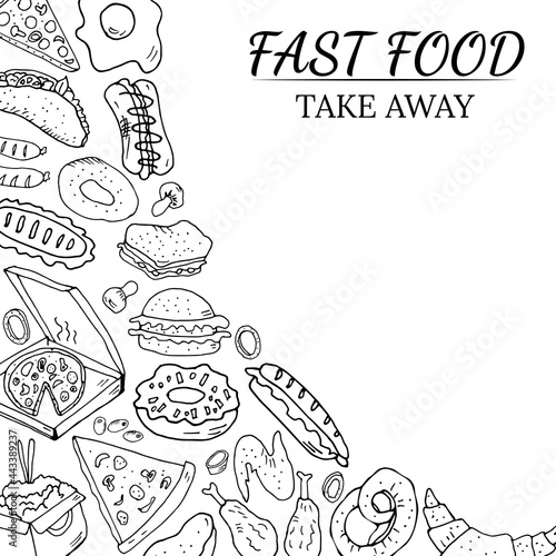 Hand drawn set with fast food. Vector illustration in the style of a sketch. Fast food restaurant and fast food menu.
