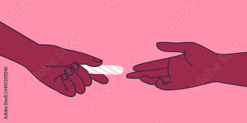 Female hand holds tampon and give it to another woman. Women's support and help for a sister. Menstruation, cycle, feminine hygiene, critical days. Feminism and sisterhood concept. Free periods