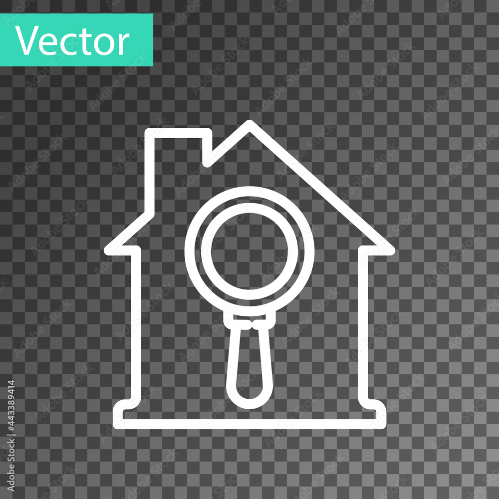 White line Search house icon isolated on transparent background. Real estate symbol of a house under magnifying glass. Vector White line Search house icon isolated on transparent background. Real estate symbol of a house under magnifying glass. Vector