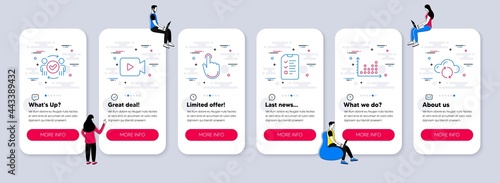 Vector Set of Education icons related to Dot plot, Approved teamwork and Interview icons. UI phone app screens with teamwork. Video camera, Hand click and Cloud sync line symbols. Vector