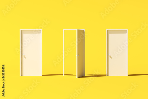 Minimal conceptual scene of three white door on yellow background. 3D rendering. photo