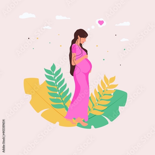 Beautiful pregnant woman in pink dress with plants. Motherhood. Young mother. Modern flat style vector illustration isolated.
