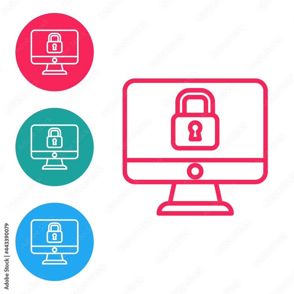 Red line Lock on computer monitor screen icon isolated on white background. Security, safety, protection concept. Safe internetwork. Set icons in circle buttons. Vector Red line Lock on computer monitor screen icon isolated on white background. Security, safety, protection concept. Safe internetwork. Set icons in circle buttons. Vector