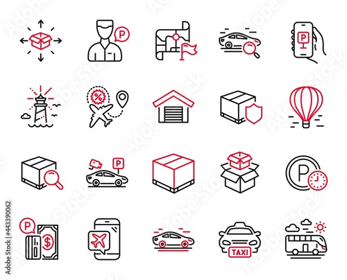 Vector Set of Transportation icons related to Destination flag, Lighthouse and Parking app icons. Car, Parcel delivery and Bus travel signs. Search package, Parking payment and Valet servant. Vector