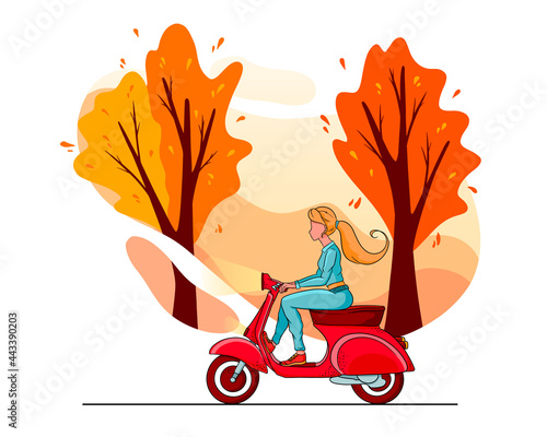 Autumn park trees and a girl on a red scooter. Cartoon style.