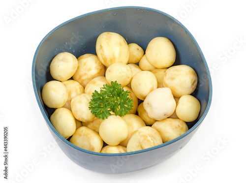 Raw yellow young potatoes without skin with parsley in bowl