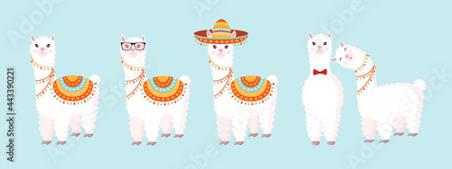 Collection of cute and festive llamas and alpacas on a blue background. Set of decorative elements for your design of a postcard, poster, wrapping paper, textiles, patern.