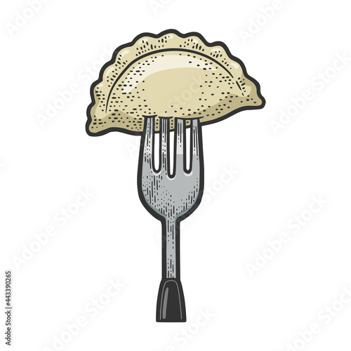 dumpling on fork color line art sketch engraving vector illustration. T-shirt apparel print design. Scratch board imitation. Black and white hand drawn image.