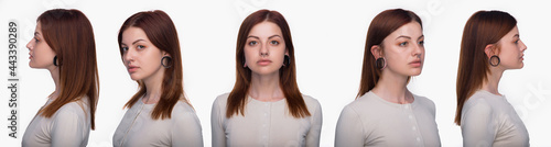 Set of portraits collage. Woman with a tunnel in her ears, and a pierced nose on white background. Different angle view of a piercing face.