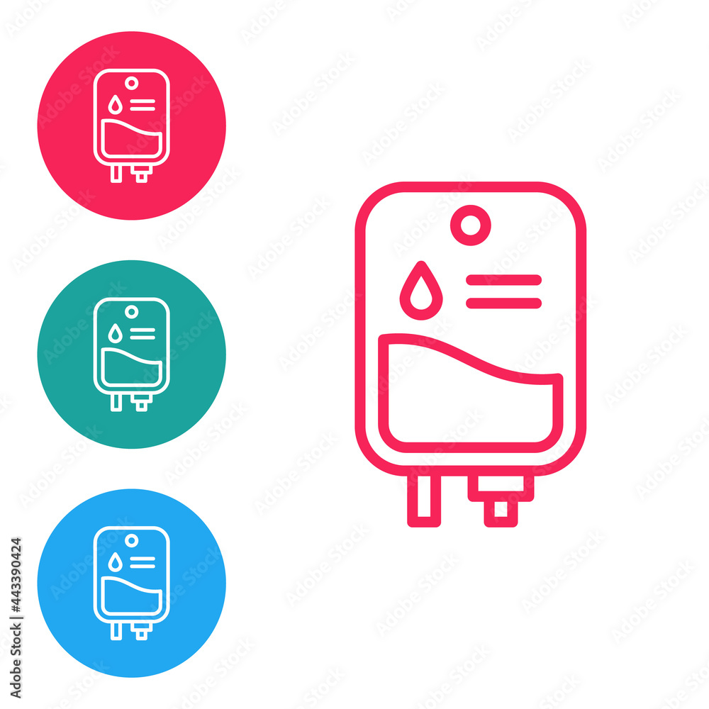 Red line IV bag icon isolated on white background. Blood bag. Donate blood concept. The concept of treatment and therapy, chemotherapy. Set icons in circle buttons. Vector Red line IV bag icon isolated on white background. Blood bag. Donate blood concept. The concept of treatment and therapy, chemotherapy. Set icons in circle buttons. Vector