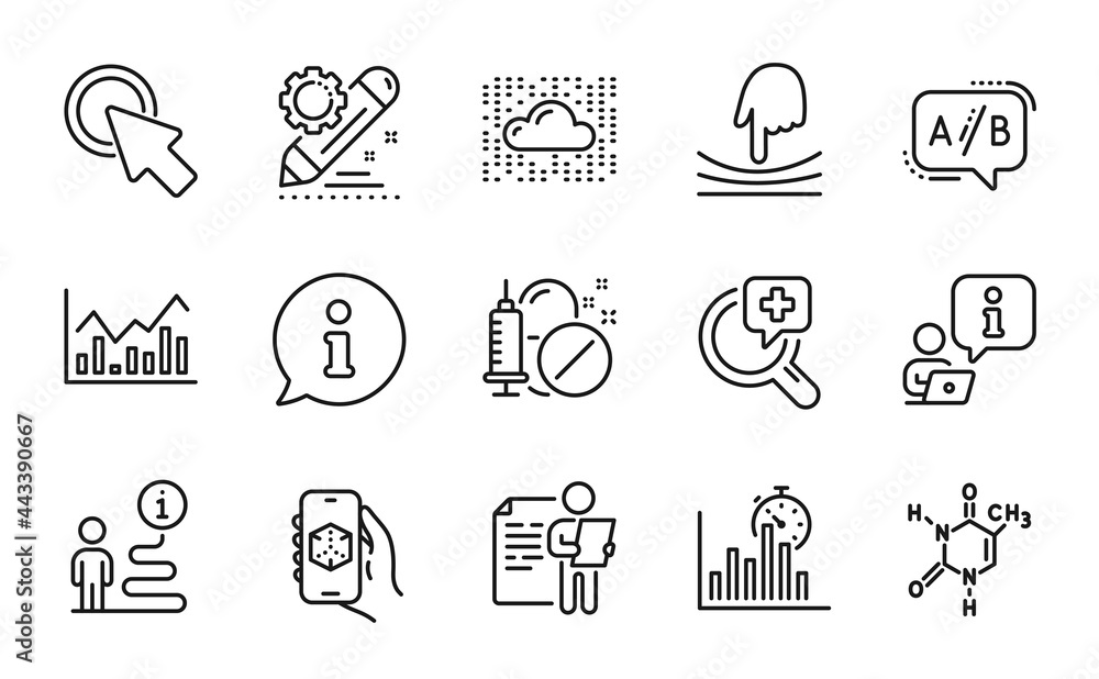 Naklejka premium Science icons set. Included icon as 3d app, Infochart, Elastic signs. Job interview, Cloud system, Medical drugs symbols. Chemical formula, Project edit, Click here. Ab testing line icons. Vector