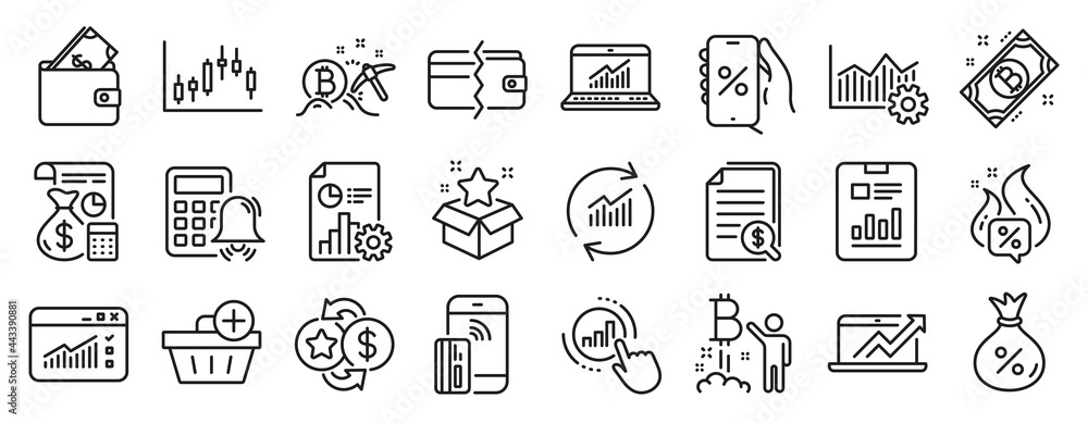 Set of Finance icons, such as Contactless payment, Bitcoin, Web traffic icons. Bitcoin project, Loan, Payment methods signs. Report document, Update data, Add purchase. Candlestick graph. Vector