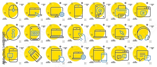 Mobile device line icons. Laptop, Tablet PC and Smartphone icons. HDD, SSD and Flash drive. Headphones, Printer and tablet device. Mouse, ssd disk, mobile laptop. Memory hdd drive. Vector