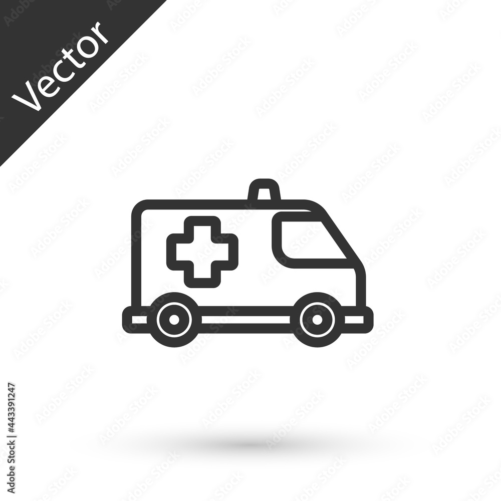 Grey line Ambulance and emergency car icon isolated on white background. Ambulance vehicle medical evacuation. Vector. Grey line Ambulance and emergency car icon isolated on white background. Ambulance vehicle medical evacuation. Vector.
