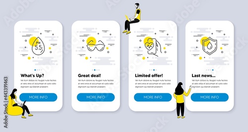 Vector Set of Healthcare icons related to Ph neutral, Cardio training and Eyeglasses icons. UI phone app screens with people. Blood donation line symbols. Water, Fitness app, Optometry. Vector