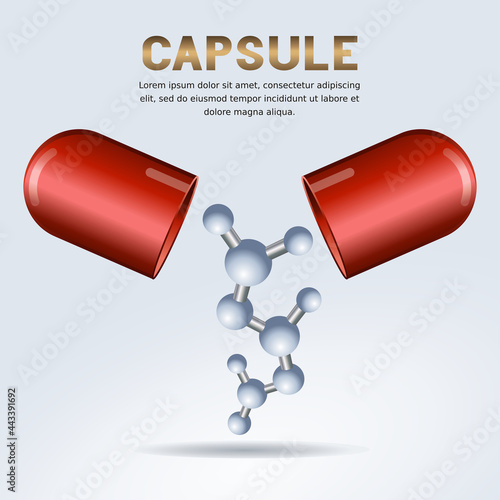 open pill capsule with health care technology concept molecule.