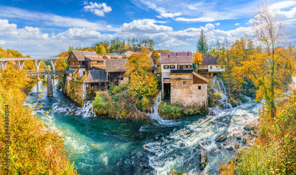 Landscape with river and little waterfall in Rastoke village, Croatia