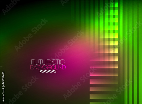 Bright neon color techno abstract background, shiny glowing neon lines in the dark background