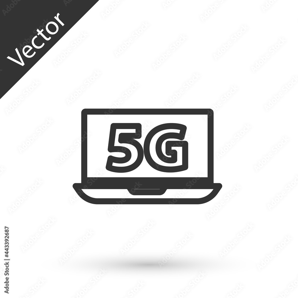 Grey line Laptop with 5G new wireless internet wifi icon isolated on white background. Global network high speed connection data rate technology. Vector Grey line Laptop with 5G new wireless internet wifi icon isolated on white background. Global network high speed connection data rate technology. Vector