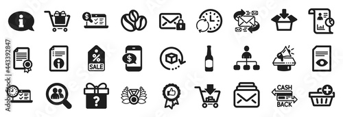 Set of simple icons, such as Laureate medal, Secure mail, E-mail icons. Search employees, Get box, Report signs. Add purchase, Positive feedback, Certificate. Cashback card, Secret gift. Vector