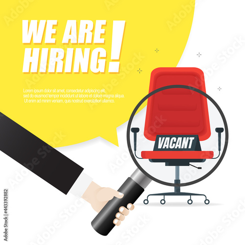 We are hiring, banner concept, vacant position. Empty office chair as a sign of free vacancy isolated on a white background. Send us your resume. Vector illustration.