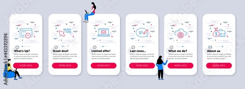 Set of Education icons, such as Message, Quick tips, Project deadline icons. UI phone app screens with teamwork. E-mail, Cloud computing, Salary line symbols. Vector