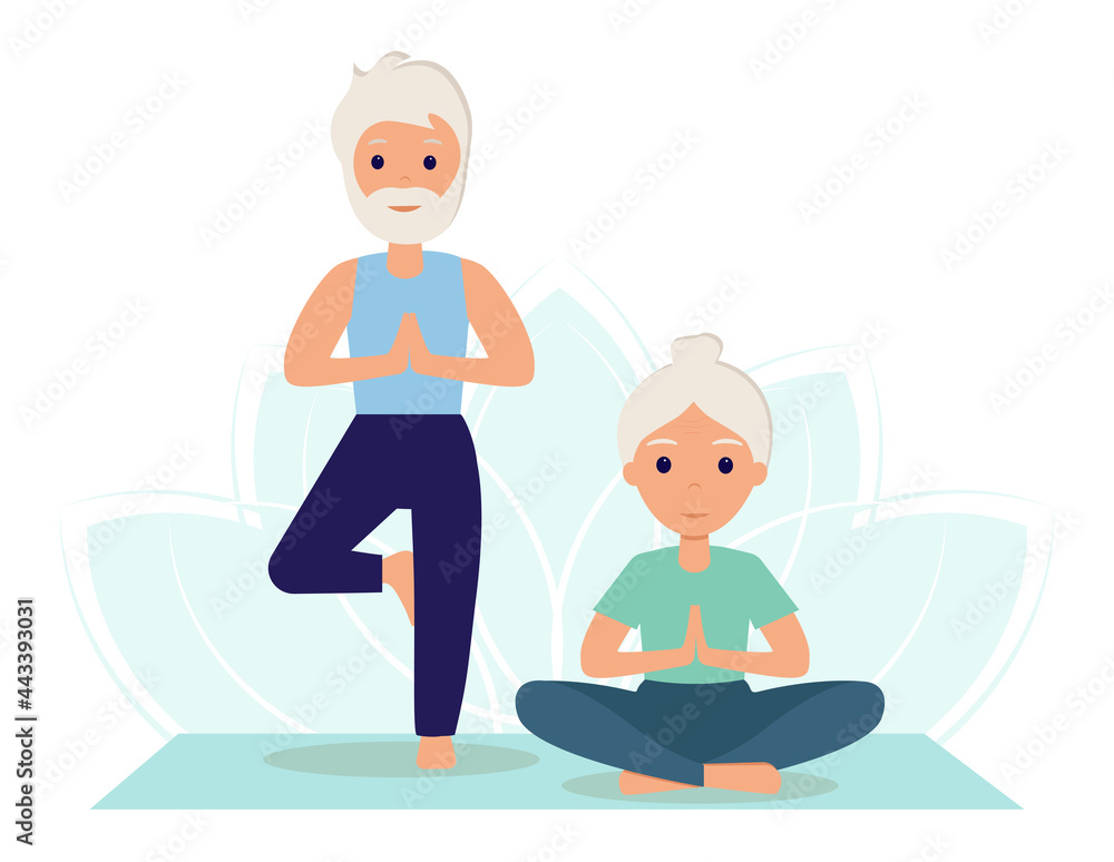 Elderly people do yoga, practice meditation. Yoga classes. The old woman and the old man go in for sports to lead an active healthy lifestyle. Yoga practice. Vector illustration in flat style.