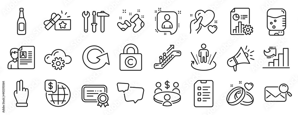 Set of Business icons, such as Spanner tool, Click hand, Reload icons. Growth chart, Copyright locker, Certificate signs. Search mail, Loyalty gift, Escalator. Augmented reality, Meeting. Vector