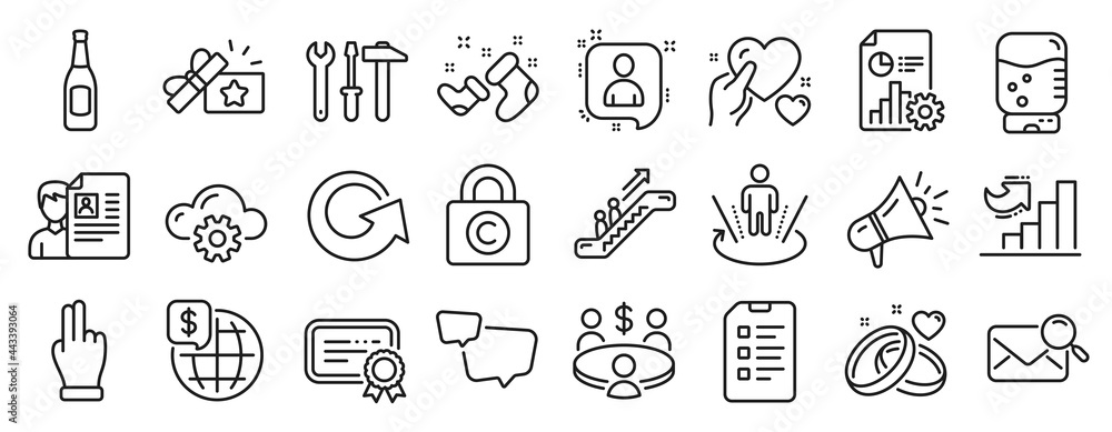 Set of Business icons, such as Spanner tool, Click hand, Reload icons. Growth chart, Copyright locker, Certificate signs. Search mail, Loyalty gift, Escalator. Augmented reality, Meeting. Vector Set of Business icons, such as Spanner tool, Click hand, Reload icons. Growth chart, Copyright locker, Certificate signs. Search mail, Loyalty gift, Escalator. Augmented reality, Meeting. Vector