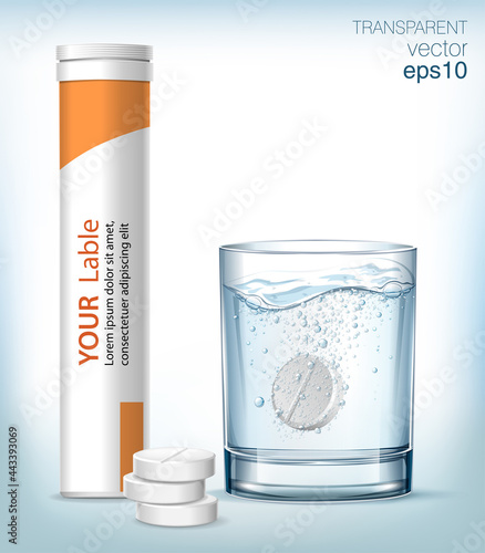 White solvable tablet in the glass with blue water, plastic box and a few pills next to the glass.  Vitamin pill soluble in water.  Transparent vector