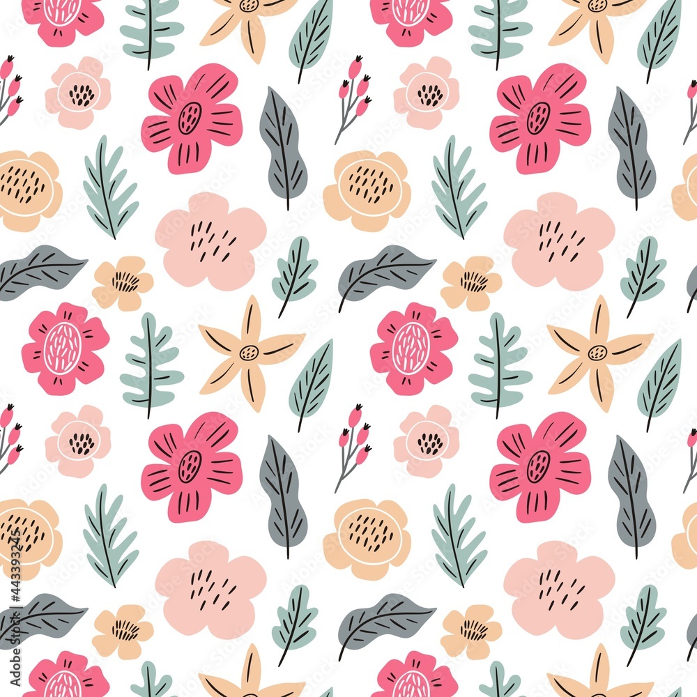 Floral hand drawn summerseamless pattern. Pastel abstract flowers and leaves pattern. Spring print for posters and greeting cards