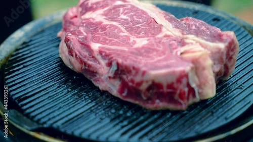High raw florentine steak roasting on barbecue grill, expensive type of meat preparation for picnic party outdoors. Italian delicacy for gourmets, cookout or cooking for restaurants