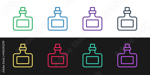 Set line Sauce bottle icon isolated on black and white background. Ketchup, mustard and mayonnaise bottles with sauce for fast food. Vector