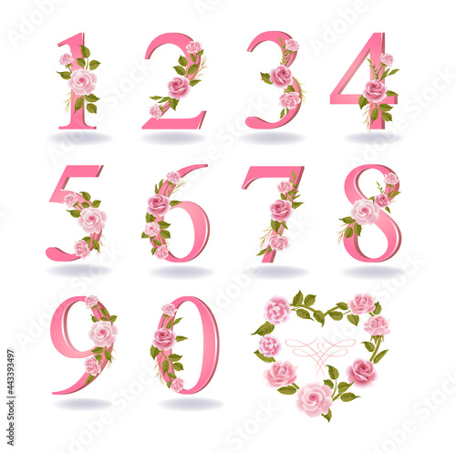 Collection of numbers decorated with roses, leaves, branches
