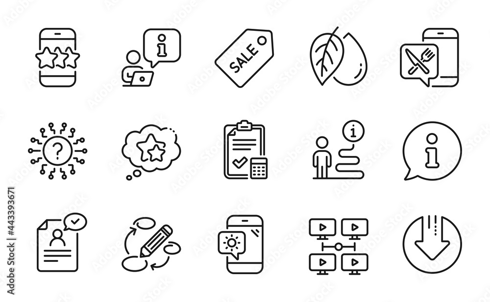 Business icons set. Included icon as Star, Download arrow, Keywords signs. Video conference, Sale ticket, Mineral oil symbols. Food app, Question mark, Ranking stars. Accounting checklist. Vector