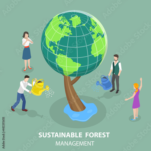 3D Isometric Flat Vector Conceptual Illustration of Sustainable Forest Management , Environment Care and Preservation From Deforestation
