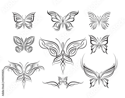 Abstract butterflies, symmetrical tattoos in the elf fantasy style. Suitable for shoulders, neck, waist and other symmetrical parts of the body