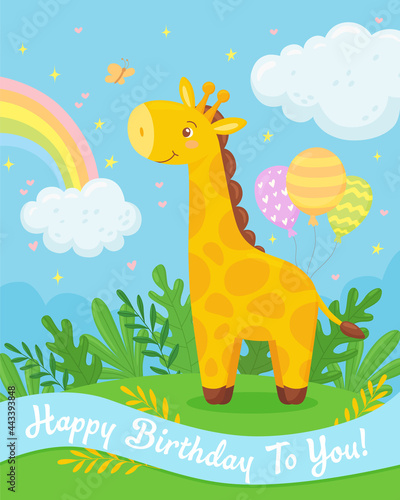 Cute cartoon little giraffe with tropical leaves  rainbow  clouds  balloons for birthday card template