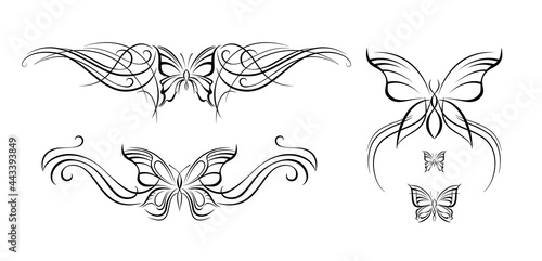 Abstract butterflies symmetrical tattoos in the elf fantasy style.