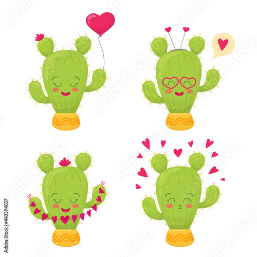 Set of cute happy cacti with smile faces