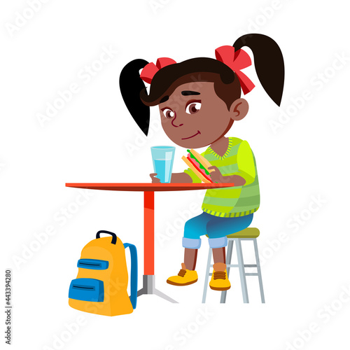 Girl Child Eating Breakfast In Kitchen Vector. African Lady Kid Eating Sandwich And Drinking Water At Table In Dining Room, School Backpack Under Desk. Character Infant Flat Cartoon Illustration